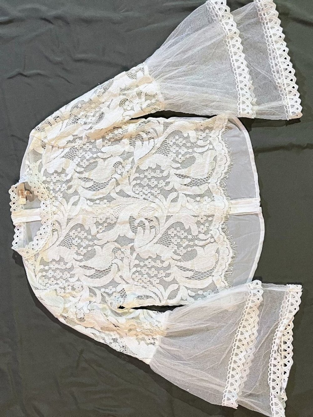 White Lace Top by Peach, Sheer Back, Full Zip, Bell Sleeves, Sz L